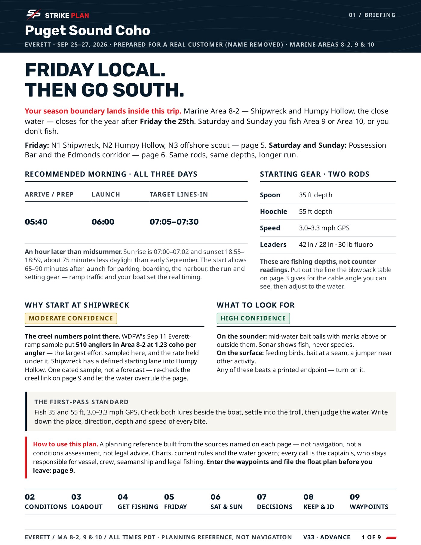 Page one of a StrikePlan for Puget Sound coho: the shape of the trip, the season boundary, recommended morning timing and starting gear.