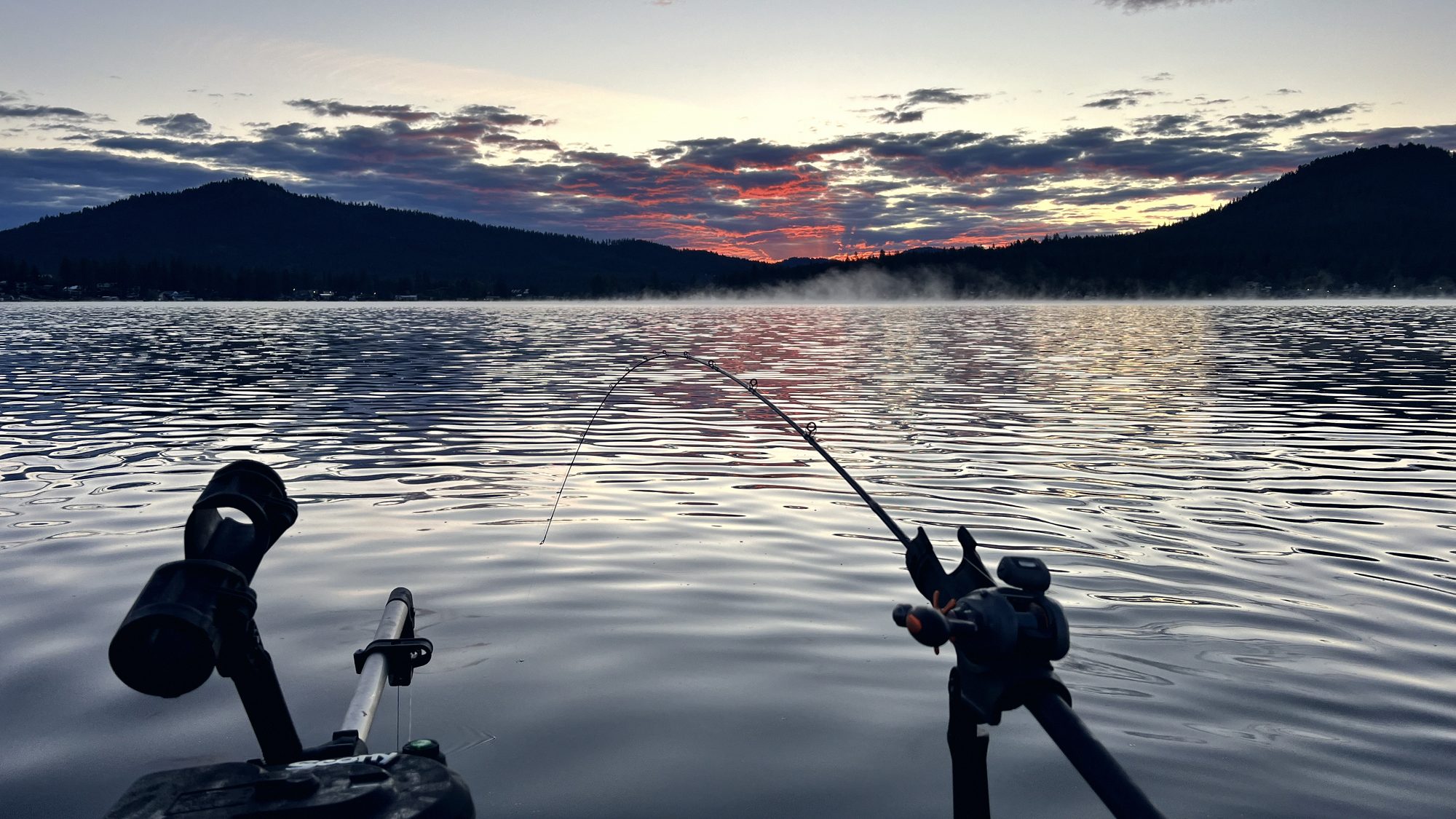 Two rods loaded into downriggers at first light with mist coming off the water.